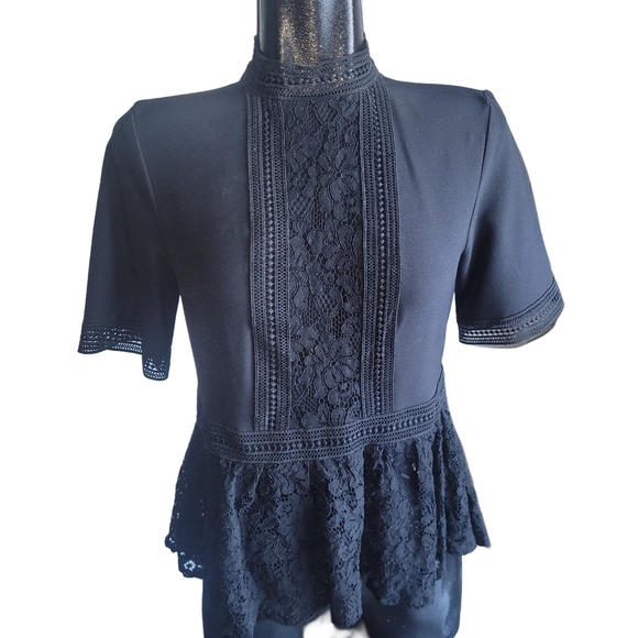 Zara Black Lace Detailed Short Sleeve Top with Peplum Hemline S - Picture 1 of 7